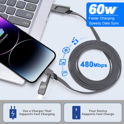 [2-Pack] 60W Multi Charging Cable 6FT, 4 in 1 USB C Cable Fast Charging Cord, Flat Braided Dual Type C & Lightning Multi Charger for iPhone 17 16 15 Pro Max/Air, Samsung S24 S23, Pixel, Car & Travel