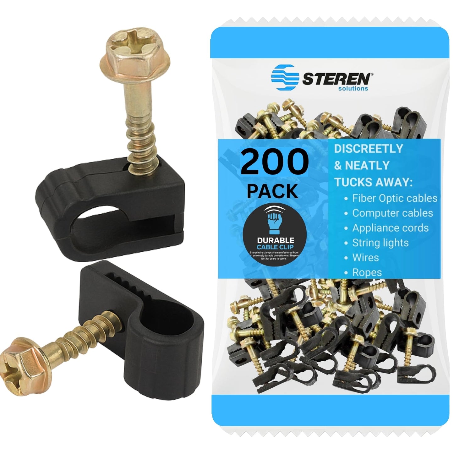 STEREN Coaxial Cable Clips - Cable Holder - Siding Clips for Hanging - Cord Holder for Desk - Cable Clamps - Cord Clip - Wire Organizer Clips - Tv Mount Screws (Black, 200 Count - Single Screw)