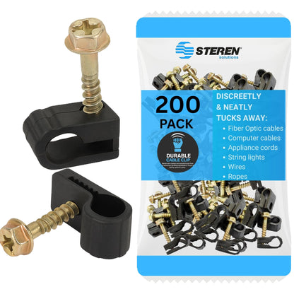 STEREN Coaxial Cable Clips - Cable Holder - Siding Clips for Hanging - Cord Holder for Desk - Cable Clamps - Cord Clip - Wire Organizer Clips - Tv Mount Screws (Black, 200 Count - Single Screw)