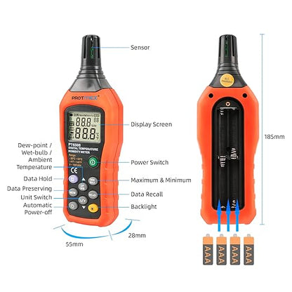 Protmex PT6508 Temperature Humidity Meter, Digital Thermometer Hygrometer Monitor with Ambient, Dew Point, Wet Bulb for Indoor/Outdoor MIN, MAX, Data Hold, LCD Backlight