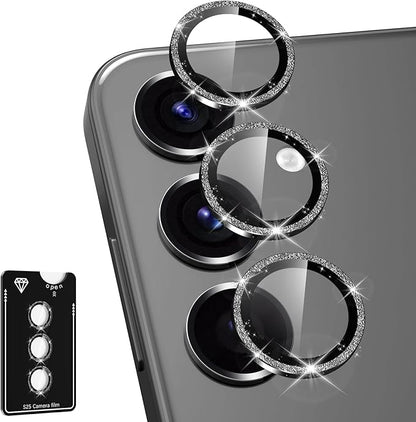for Samsung Galaxy S25 Camera Lens Protector, Individual Metal Ring Tempered Glass Lens Cover, [Strong Adsorption] Scratch Resistant Ultra-Thin HD Clear Lens Cover, 1 Set-Black Sparkly