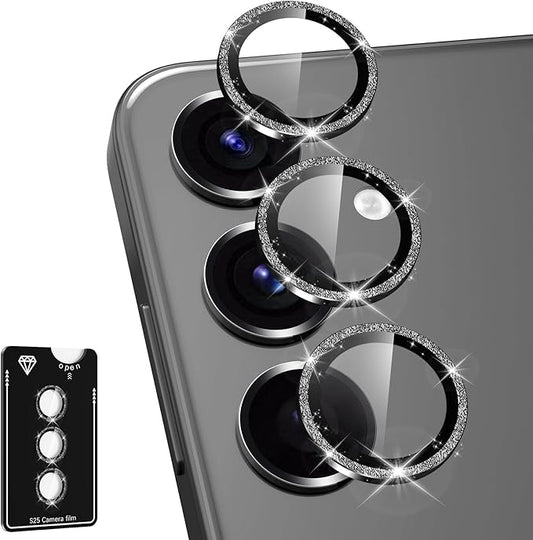 Avocase for Samsung Galaxy S25 Camera Lens Protector, Individual Metal Ring Tempered Glass Lens Cover, [Strong Adsorption] Scratch Resistant Ultra-Thin HD Clear Lens Cover, 1 Set-Black Sparkly