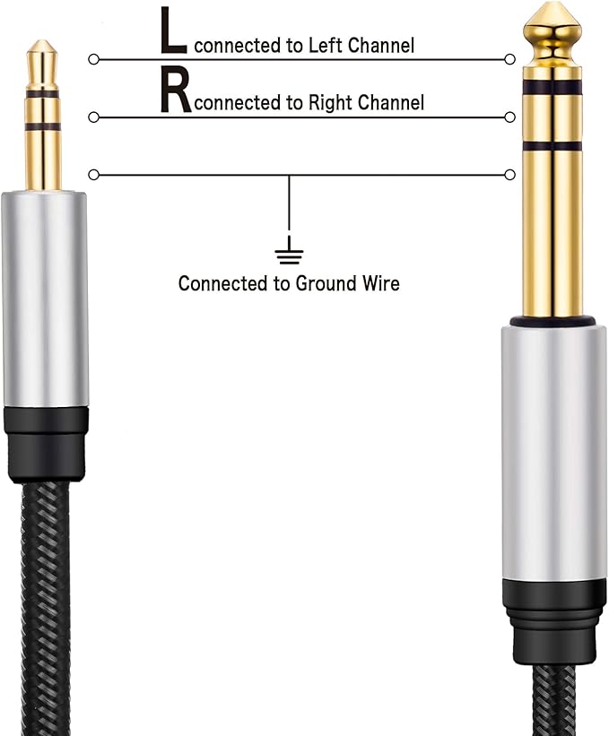 3.5 mm to 6.35 mm Audio Cable 10Ft, Gold-Plated Terminal Silver Color Zinc Alloy Housing 3.5mm 1/8" Male TRS to 6.35mm 1/4" Male TRS Nylon Braided Stereo Audio Cable for CellPhone, Amplifiers(10Ft/3M)