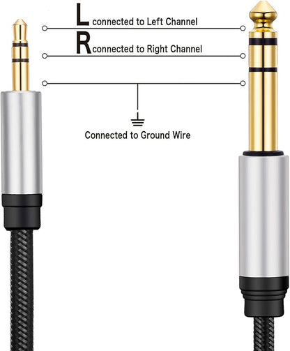 3.5 mm to 6.35 mm Audio Cable 10Ft, Gold-Plated Terminal Silver Color Zinc Alloy Housing 3.5mm 1/8" Male TRS to 6.35mm 1/4" Male TRS Nylon Braided Stereo Audio Cable for CellPhone, Amplifiers(10Ft/3M)