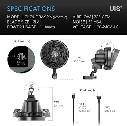 AC Infinity CLOUDRAY S6 2-Pack, Grow Tent Clip Fan 6” with Redesigned Long-Life EC Motor, Custom 10 Dynamic Wind Speeds and 10-Level Oscillation, for Hydroponics Circulation Cooling, 2-Count