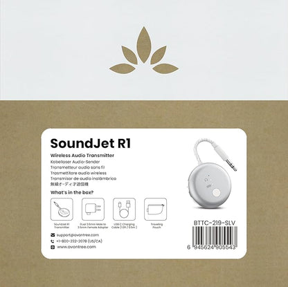 Avantree SoundJet R1 – Airplane Bluetooth Adapter for Headphones & AirPods, aptX Adaptive, Qualcomm Chipset, 20H Battery, Wireless Audio Transmitter for in-Flight Travel Essentials - Silver