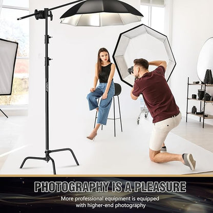 LOMTAP C Stand Light Stand Stainless Metal Photography Kit - Heavy Duty 6.8ft/210cm Vertical Pole, 2.8ft/87cm Boom Arm, Adjustable Base, Water Sandbag, 2 Grip Heads, 3 Clips for Softbox, Reflector