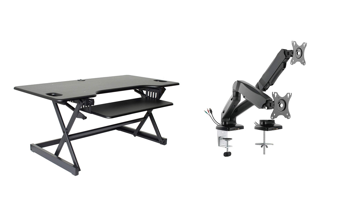 Rocelco 32" Height Adjustable Standing Desk Converter - Sit Stand Computer Workstation Riser - Dual Monitor Retractable Keyboard Tray Gas Spring Assist - Black (R EADRB2)