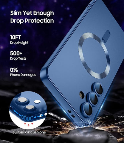 Magnetic for Samsung Galaxy S25 Plus Case [Compatible with MagSafe][Built-in Camera Lens Protector] Slim Soft Silicone Bumper Shockproof Metallic Luster Phone Shell (Blue)