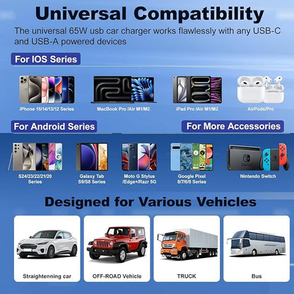 [2-Pack] Car Charger USB C, 4 in 1 65W Fast Charging 4-Port Dual USBC & USB A Car Phone Charger Cargador Carro Lighter Adapter for iPhone 16e 16 15 14 13 12 Pro Max, iPad, Samsung,Tablet, Android
