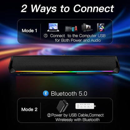 Computer Speakers for Desktop,PC Speakers Gaming Sound bar with Colorful Light,USB Speaker with Bluetooth for PCs Monitor Laptop Tablets,Wired Bluetooth Speaker for Phones(Type-C Adapter Included)