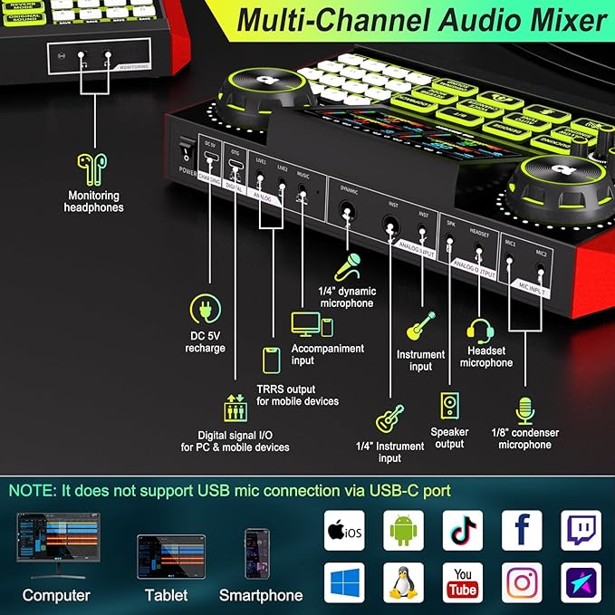 Audio Mixer, Sound Board for Pc/Phone Live Streaming Singing Gaming, Sound Mixer for 3.5/6.35mm Dynamic Microphone, Live Sound Card with DJ Mixer Effects & Voice Changer, Denoise, One Click Mute