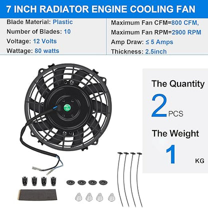 7 Inch Universal Slim Fan Push Pull Electric Radiator Cooling Fan 12V 80W Mount Kit Black Set of 2