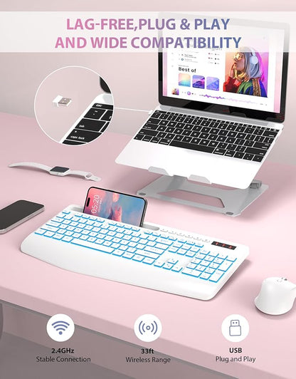 Trueque Wireless Keyboard with 7 Colored Backlits, Phone Holder, Wrist Rest, Rechargeable Ergonomic Keyboard with Silent Light Up Keys, Cordless Computer Keyboard for Windows, Mac, Laptop - (White)