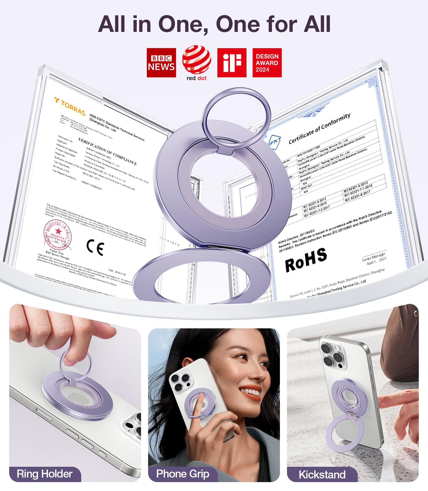 TORRAS 2025 Upgrade [Dual-Ring] Fit for MagSafe Phone Grip Ring Holder [Dual-Ring] Compatible with MagSafe Kickstand Magnetic for iPhone 17/16/15/14/13/12/11 Samsung, Google Accessories, Purple