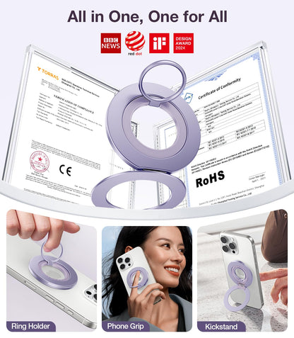 TORRAS 2025 Upgrade [Dual-Ring] Fit for MagSafe Phone Grip Ring Holder [Dual-Ring] Compatible with MagSafe Kickstand Magnetic for iPhone 17/16/15/14/13/12/11 Samsung, Google Accessories, Purple