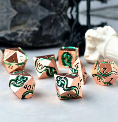 RULE DICE Serpent's Embrace Metal DND Dice Set - 7pc Polyhedral D&D Dice for TTRPGs Like Dungeons and Dragons and Pathfinder - Emerald Green Snake Design, Heavy & Balanced for Tabletop Gaming