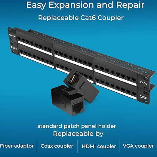 Rapink 48 Port Cat6 Patch Panel with Inline Keystone 10G Support, Pass-Thru Coupler UTP 19-Inch, Removable Back Bar, 1U Network for Cat6, Cat5e, Cat5 Cabling
