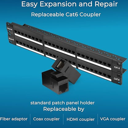 Rapink 48 Port Cat6 Patch Panel with Inline Keystone 10G Support, Pass-Thru Coupler UTP 19-Inch, Removable Back Bar, 1U Network for Cat6, Cat5e, Cat5 Cabling