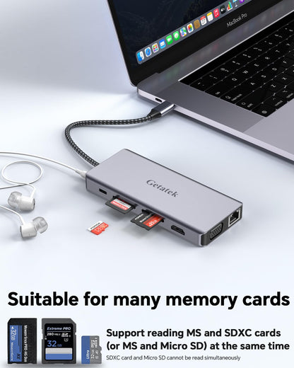 Getatek13-in-1 Docking Station with 4K HDMI,VGA,Ethernet,USB A 3.0 Data Port and USB C 5Gbps Port,100W PD Charging,SD/TF/MS Card Reader and 3.5MM Audior for MacBook, Acer, Laptops, Surface and More