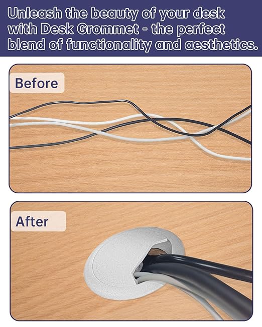 Desk Grommet 2 inch (50 mm) 10 Pack - White ABS Plastic Cable Hole Cover with Hole Cutter for TV, Office, and Home Table - Hide Wires Behind Wall, TV Wall Cable Pass Through