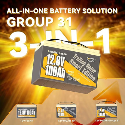 Power Queen 12V 100Ah Group 31 Battery Bluetooth 5.0, Deep Cycle LiFePO4 Battery Max. Output Power 1280W, 100A BMS with Low-Temp Cut-off Protection for RV, Trolling Motors, Solar System
