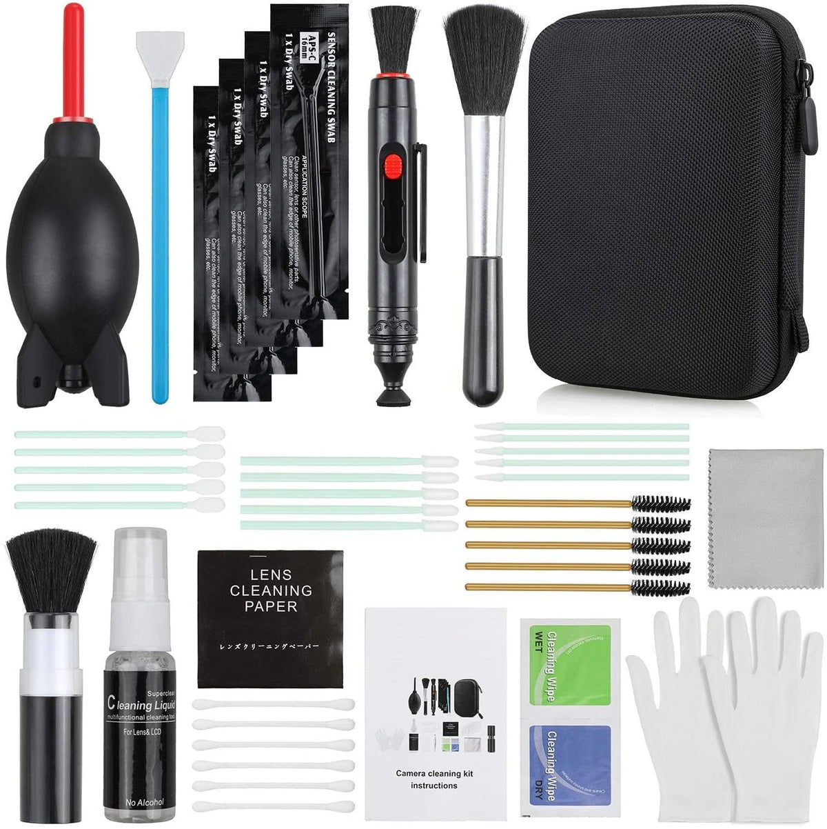 14-in-1 Camera Lens Cleaning Kit - Mirrorless & DSLR Sensor Cleaning Kit for Canon, Sony, Nikon Including Lens Blower, Detergent, Swabs, Cloth, Pen, Brush
