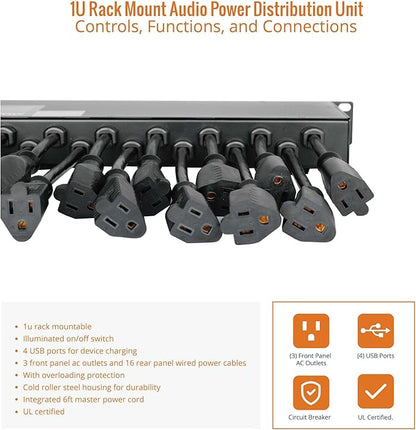 Tecmojo 1U Rack Mount 19 Outlet PDU Power Distribution Unit Power Strip Circuit Breaker fits 19-inch AV/Network/Server Cabinet/Closet/Enclosure