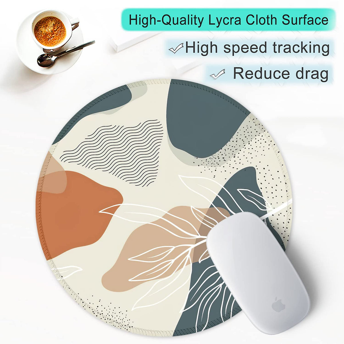 ITNRSIIET Round Mouse Pad with Stitched Edge Premium-Textured Waterproof Non-Slip Rubber Base Desktop Protection Mat Diameter 8.7 inches, Abstract Leaf