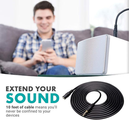 Movo MC10 3.5mm Audio Cable - 3.5mm TRS Female to Male 10ft Extension Cord for Microphones, Headphones, and More