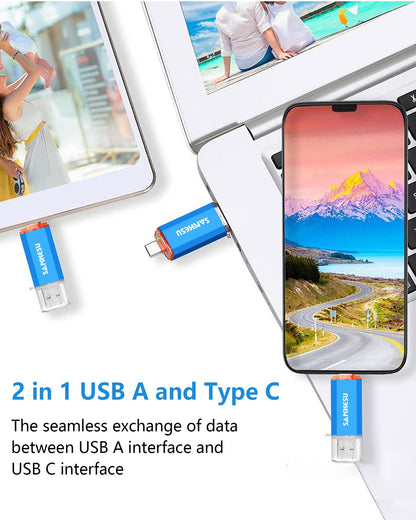 SANKESU 128GB 3 Pack 2-in-1 USB C Flash Drive USB-A+Type-C Dual Drive OTG,USB C Storage Flash Drive with LED Light Compatible with iPhone 17/16/15, Android Smartphone/Tablets/Computers