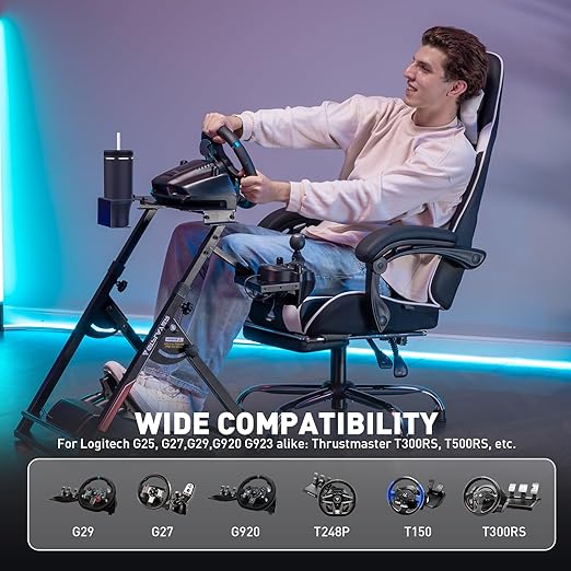 GTPLAYER Sim Racing Wheel Stand Simulator Cockpit Wheel Stand fit for Logitech G25 G27 G29 G920 G923 Thrustmaster T330TS Gaming Stand Wheel Pedals NOT Included, Deep Black With Cup Holder