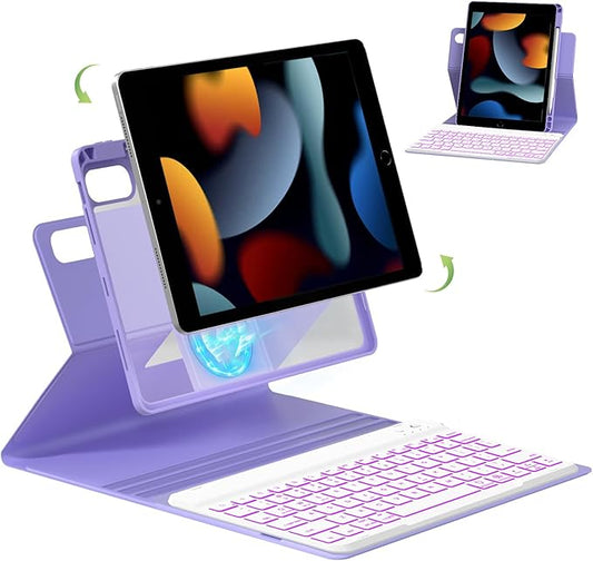 Senyoson Case for iPad 9th/8th/7th Generation with Keyboard 10.2 Inch,360° Rotatable Magnetic Keyboard Case,Pencil Holder&Grooves Design,7 Color Backlit Detachable Wireless Keyboard(Purple)