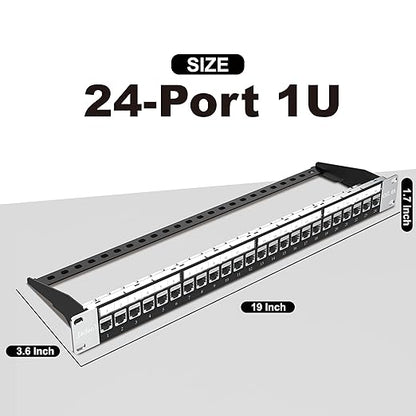 Jadaol 24 Port Shielded Patch Panel Rack or Wall Mount 19-Inch, 1U Cat6A Network Panel Preloaded with 24 Keystone Couplers Plus 1 Spare, 10Gbps Ethernet Panel with Cable Management & Back Support Bar