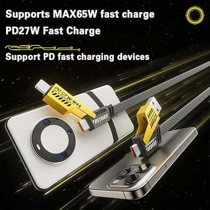 2Pack 4 in 1 Fast Charging Cable, Transferring Data, 6.65 Ft, Braided Cable 65W, USB C USB A and IP, Multiple Charging Cable for Phone/Pad/More
