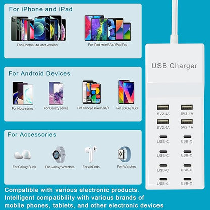 USB Charging Station with 12 Port USB Power Strip Fast Charging for Multiple Devices Compatible with Cell Phones Tablets Laptops (XHK-4U8C)