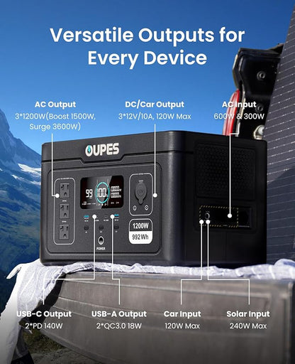 OUPES Exodus 1200 Solar Generator with 100W Panels Included, – 992Wh 1200W LiFePO4 Battery Power Station with Dual PD 140W Type-C, Smart App Control, UPS, Ideal for Camping, RV, Home Emergency