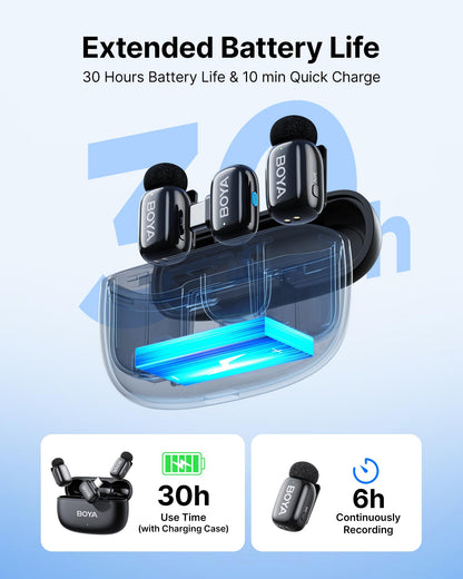 BOYA mini 2 Wireless Microphone for iPhone & Android, AI Noise Cancellation,App Control, 48k Hz/24 Bit, 30H Battery Life with Charging Case,Lapel Microphone Wireless for Video Recording Vlog Streaming