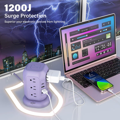 AiJoy USB C Power Strip Tower with 12 AC Outlet and 4 USB Ports Purple