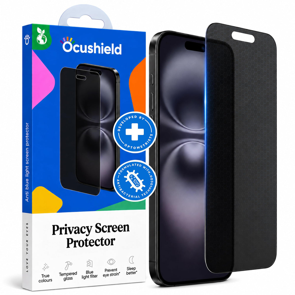 Ocushield Anti Blue Light Tempered Glass Screen Protector of iPhone 16 Plus (6.7")– Blocks Blue Light, Prevents Eye Strain & Helps You Sleep Better, 9H Hardness & Case Friendly