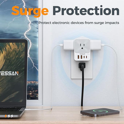 USB C Charger Block 20W PD, TESSAN 4 USB Wall Charger Fast Charging with 3 Outlet Extender Surge Protector, 3 Side Multi Port Adapter, Electric Multiple Outlet Plug for Home Office Dorm Room