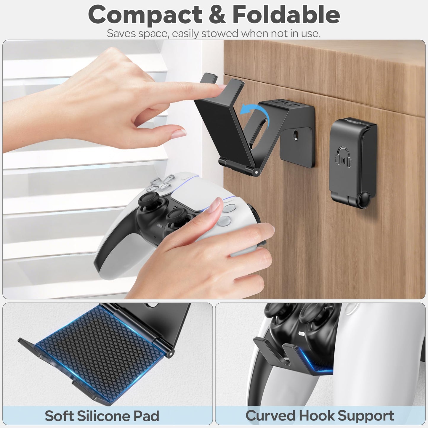 OIVO Controller & Headset Wall Mount Holder Stand, Foldable Headphone Stand, Gaming Controller Holder Hanger Hook, Universal Storage Organizer Controller/Earphone/Game Accessories-5 Packs