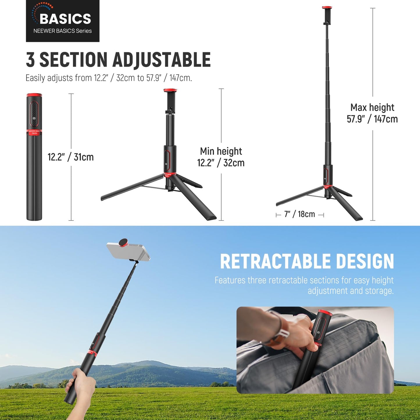 NEEWER Basics PA991 Selfie Stick Tripod Compatible with iPhone Samsung Android, 57.9 Inch Metal Portable Lightweight Travel Mobile Phone Stand with Holder & Remote Control for Video Recording