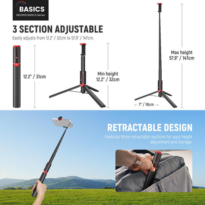NEEWER Basics PA991 Selfie Stick Tripod Compatible with iPhone Samsung Android, 57.9 Inch Metal Portable Lightweight Travel Mobile Phone Stand with Holder & Remote Control for Video Recording