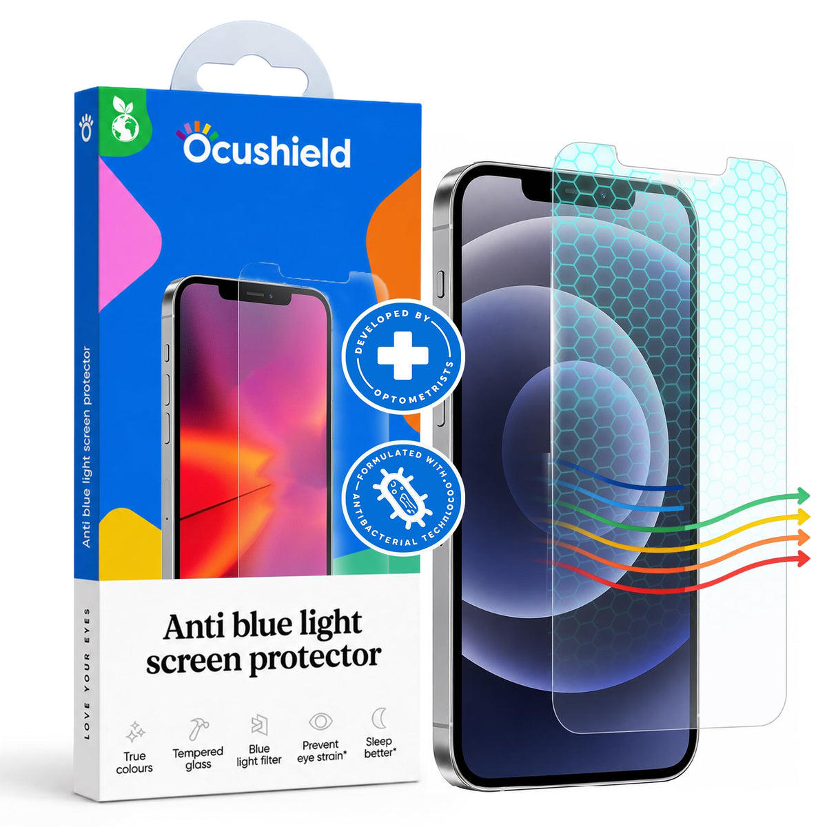 Ocushield Anti Blue Light Tempered Glass Screen Protector of iPhone 16 Plus (6.7")– Blocks Blue Light, Prevents Eye Strain & Helps You Sleep Better, 9H Hardness & Case Friendly