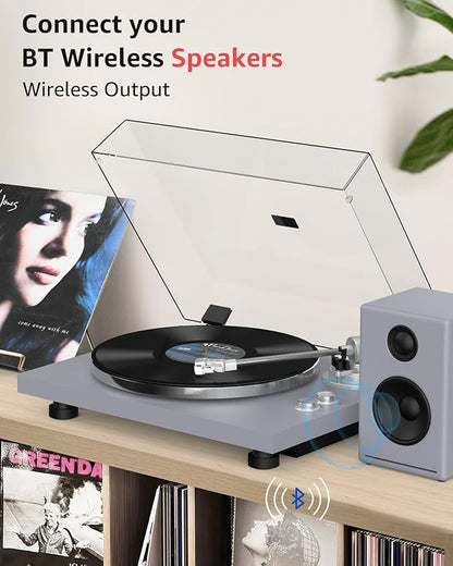 Turntable Record Player Wireless Output Carbon Fiber Tonearm Vinyl Player Aluminium Platter Belt-Drive LP Turn Tables 33 1/3&45 RPM Phono Level Audio RCA Line Output AT-3600L MM Cartridge Grey