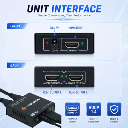 4K@60 HDMI Splitter 1 in 2 out 1X2 Powered Splitter for Dual Monitors by J-Tech Digital [JTD-MINI-1X2SP]