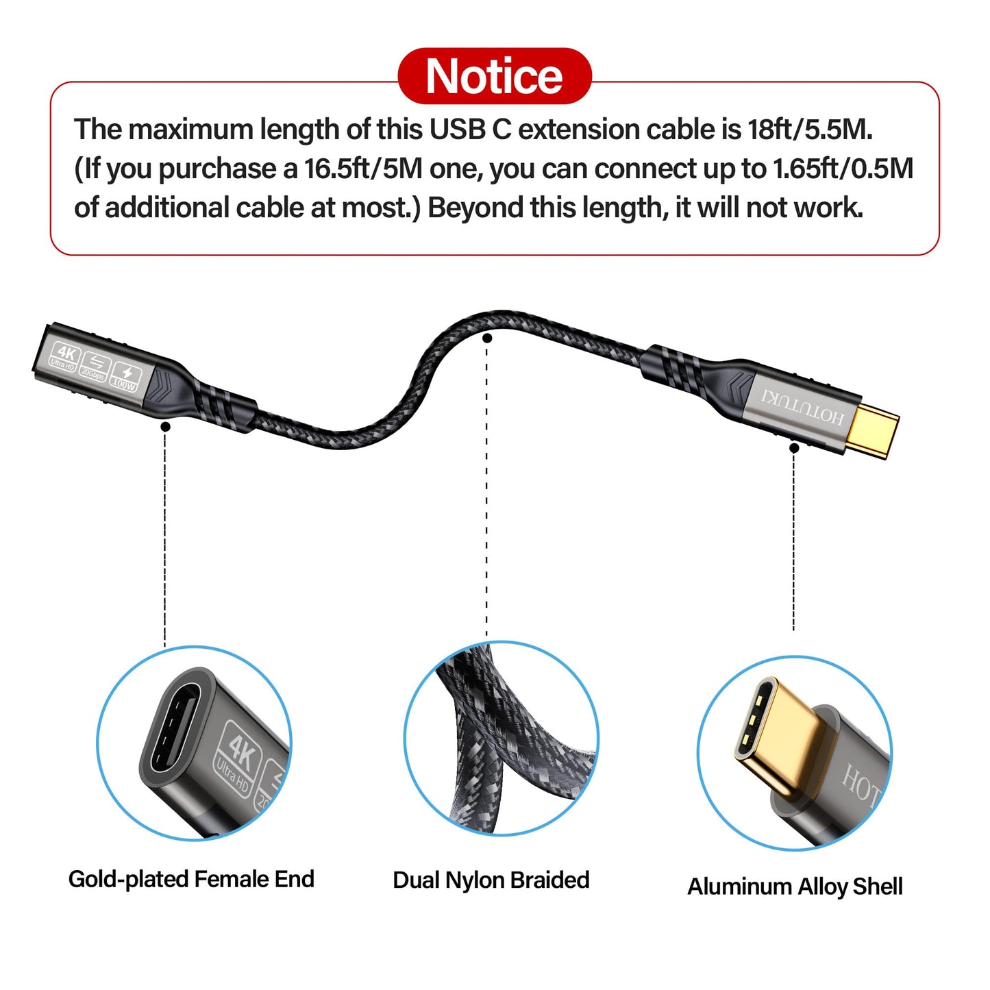 HOTUTUKI USB-C Extension Cable 16.5ft/5M, Male to Female Extender, Braided Data Cord, 100W PD Fast Charging, 20 Gbps