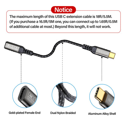 HOTUTUKI USB-C Extension Cable 16.5ft/5M, Male to Female Extender, Braided Data Cord, 100W PD Fast Charging, 20 Gbps