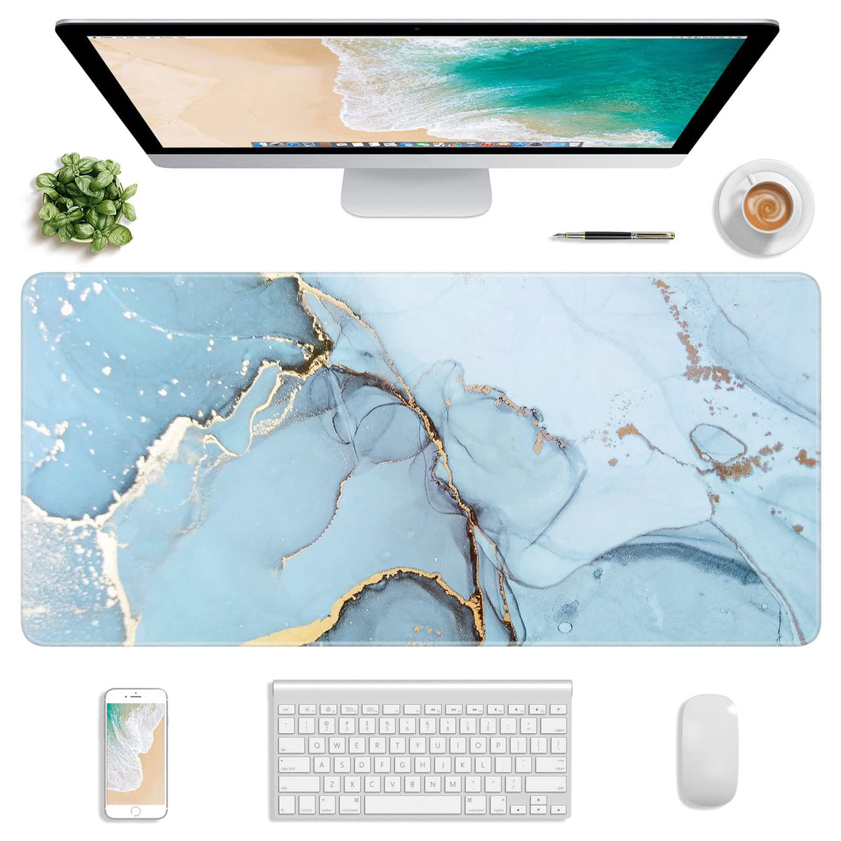 Atufsuat Extended Gaming Mouse Pad, XXL Large Desk Pad 30 x 14 Inch, Big Computer Keyboard Mousepad, Waterproof Mouse Mat with Stitched Edges and Non-Slip Base for Women Office Gaming, Sea Waves